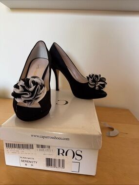 Caparros Black and White Floral Peep-Toe Heels